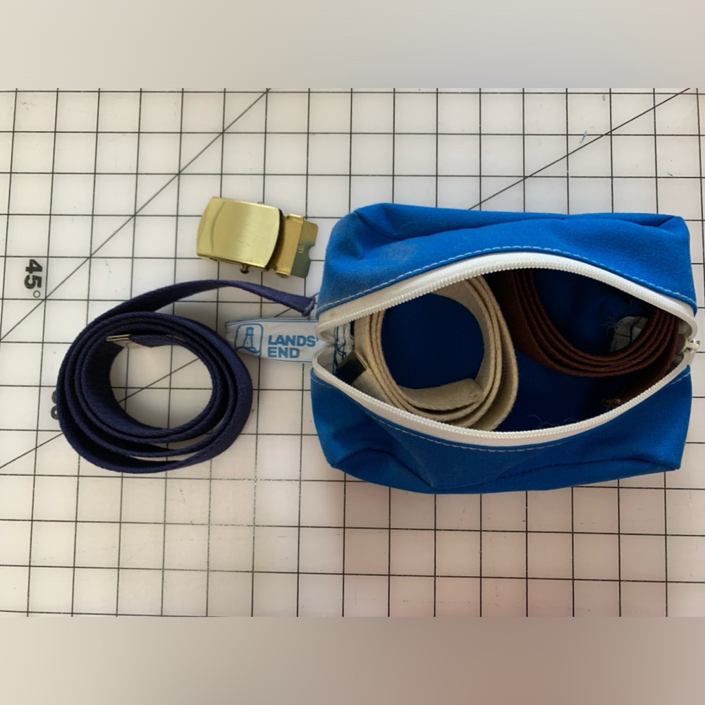 Land’s end 3 cloth belts with brass buckle and pouch, blue, brown and tan